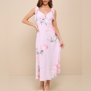 Lulus Simply Blissful Pink Floral Tie-Strap A-Line Midi Dress NWT